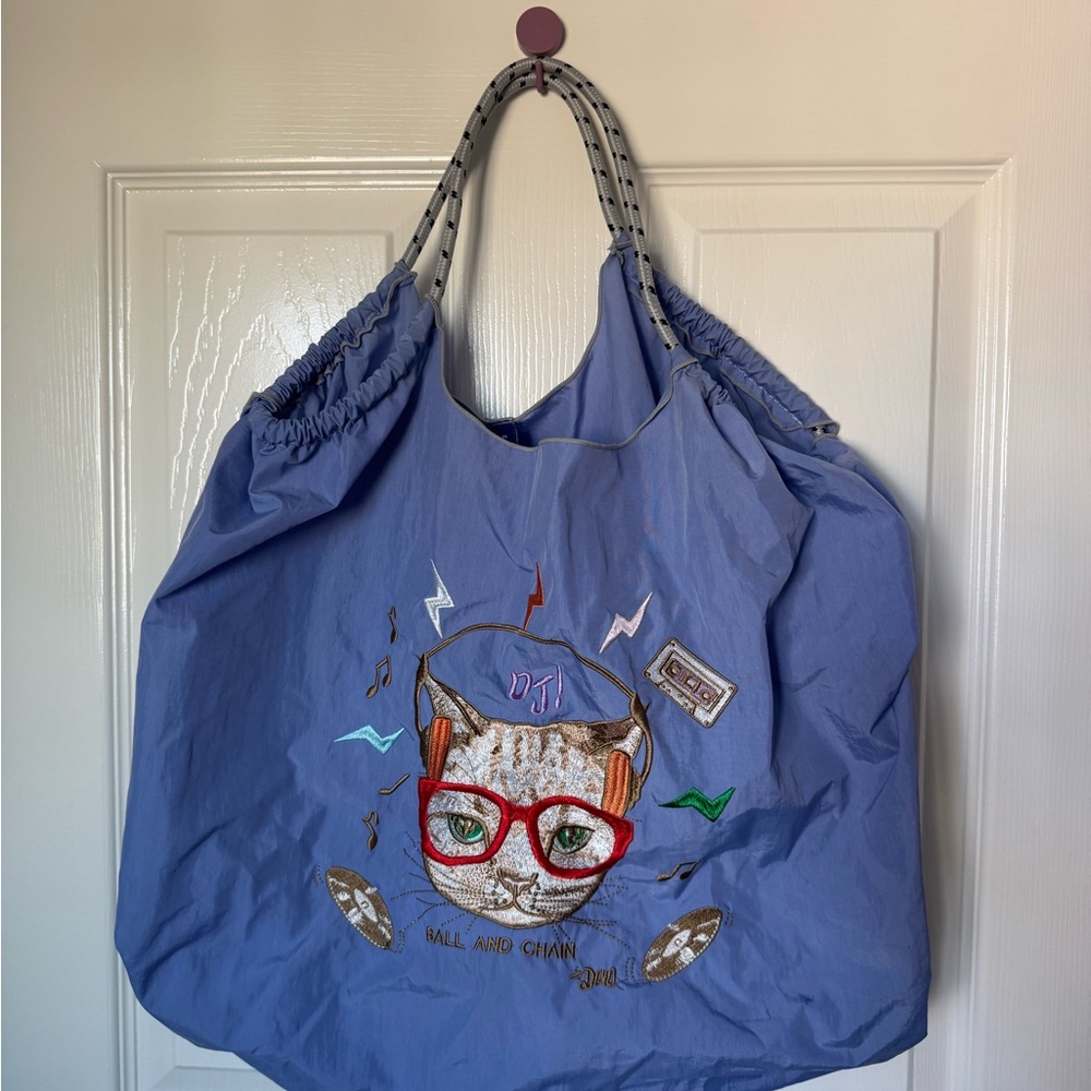 Ball and Chain Blue Embroidered Tote Bag